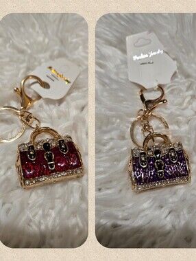 New Rhinestone Handbag Bag Charm Keychain Purple Red With Gold Detailing